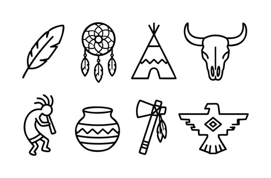 Native American Icon Set with Dreamcatcher, Teepee, Buffalo Skull and Totem Symbols