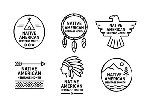 Native American Heritage Icon Set with Eagle, Dreamcatcher and Chief Portrait Badges