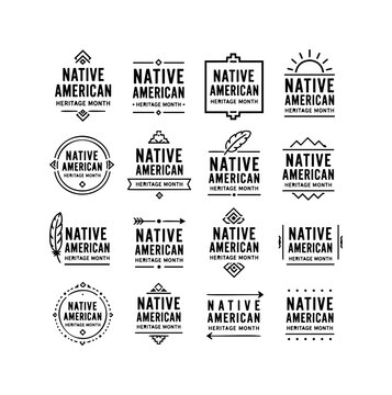 Native American Heritage Month Badge Collection with Tribal Icon and Line Emblem Design