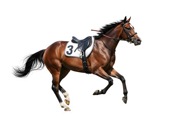 Fototapeta premium Thoroughbred racehorse galloping with jockey in numbered saddlecloth on track
