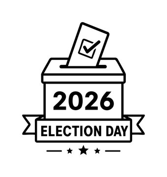 Election Day Ballot Box Icon with Checkmark Paper and Ribbon Banner Design