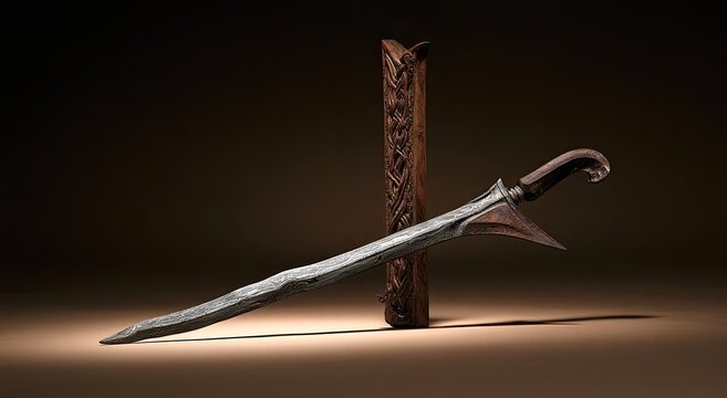 An ancient wavy-bladed metal dagger stands beside an ornate wooden sheath piece