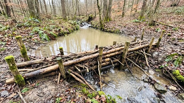 Natural Flood Management Concept, Leaky Dam Of Staked Logs Built Across A Woodland Stream