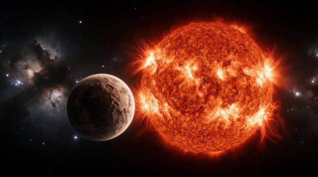Giant flaming red star illuminates rocky exoplanet in deep space. Burning sun glows bright near distant planet in tight orbit. Cosmic landscape shows fiery celestial body, dark world amidst galaxy