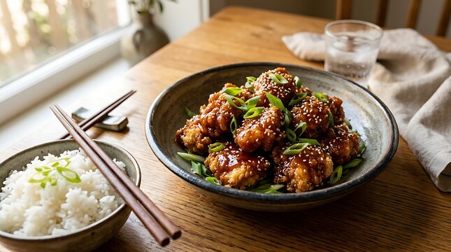 Delicious asian style sticky sesame chicken served with white rice in a bowl on a wooden dining table. general tso