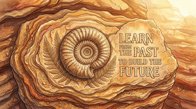 Ancient Ammonite Fossil and Fern Imprint in Layered Rock with Inspiring Text: Learn from the Past to Build the Future