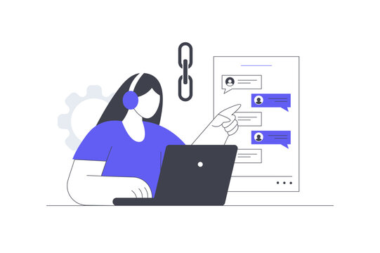 Call Center Support Specialist and Online Customer Communication Service. Female Operator with Headset Working on Laptop Pointing at Live Chat Dialogue Window. Flat Cartoon Vector Illustration, icon