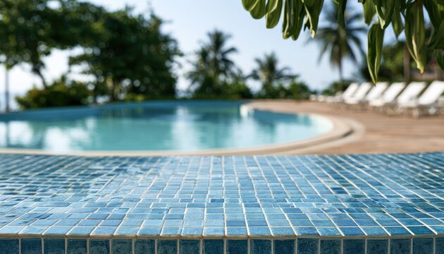 A close-up of a blue tiled surface overlooking a blurred tropical hotel pool area