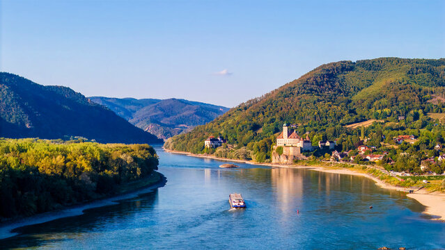 Sch&ouml;nb&uuml;hel Castle above the Danube River, with a river barge sailing through the low water level, Lower Austria.