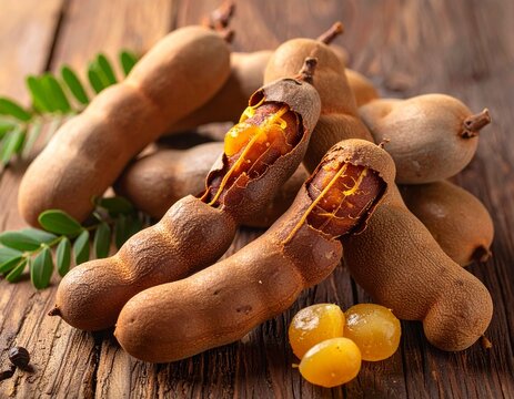 Tamarind pods and pulp, rustic wooden background, natural texture