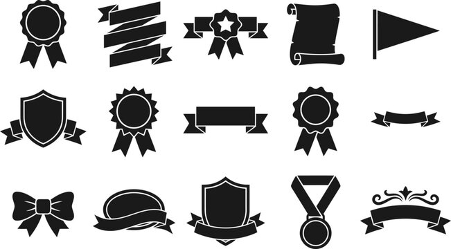 Set of black award ribbons and badges vector graphic featuring medals, shields, banners, and scrolls for design