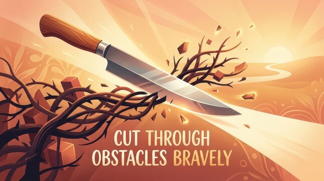 A sharp kitchen knife slicing through thorny branches, symbolizing overcoming challenges and breaking through obstacles with courage, against a warm s