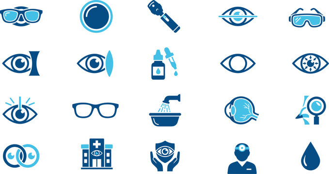 Set of ophthalmology, eye care, and vision examination icons vector illustration