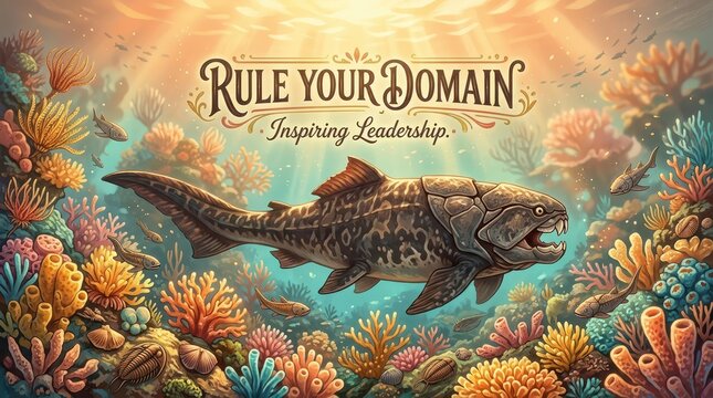 Ancient Armored Fish "Dunkleosteus" Dominates Colorful Coral Reef, Inspiring Leadership Theme