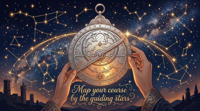 Ancient astrolabe held by hands against a starry night sky with constellations, suggesting navigation, destiny, and cosmic exploration