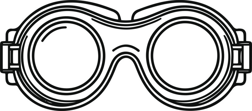 A single pair of vintage mountaineering goggles with round lenses, protective side shields and clean symmetrical construction, ultra clean vector line art, bold black outline only, thick stroke, singl