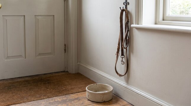 Worn Dog Lead Hanging By A Back Door Above An Empty Food Bowl as Pet Loss Metaphor