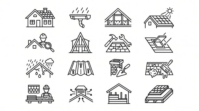 Roofing construction and house repair line icons set for building maintenance services