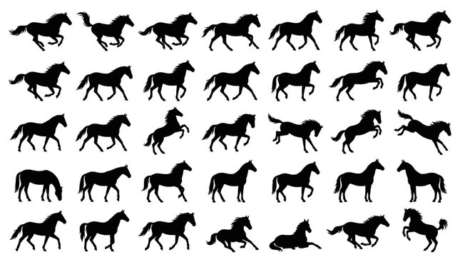 Dynamic Horse Side View Silhouette Collection with Editable Vector Shapes of Galloping, Jumping, Running, Trotting, Rearing, Grazing, and Racing Poses
