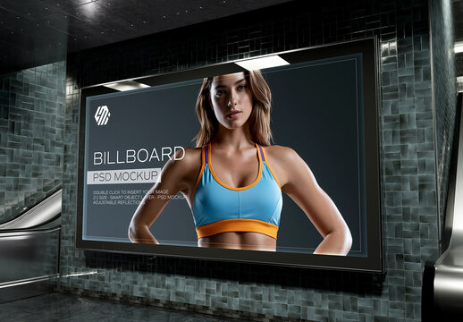 Large Horizontal Billboard Mockup on Dark Glossy Subway Wall
