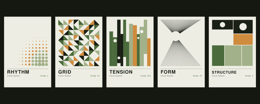 Rhythm, grid, tension, form, structure, visual system, five minimalist geometric posters with green, orange, and black shapes on light backgrounds
