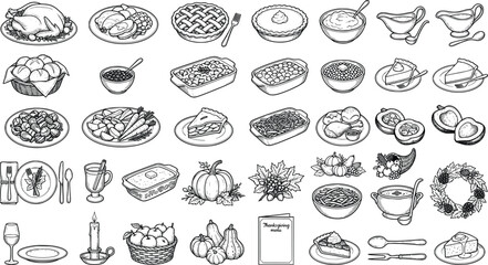 Obraz premium Hand-Drawn Vintage Thanksgiving Dinner Food Clipart Vector Set