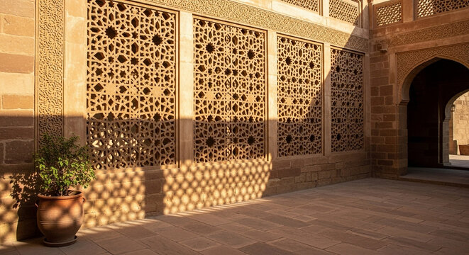 Sunlight streams across the intricately carved stone jali windows of a historic sandstone courtyard, casting geometric patterns of light and shadow onto the weathered floor beneath it