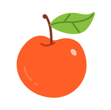 Bright red apple with green leaf and stem. Vector isolated illustration for food and education design.