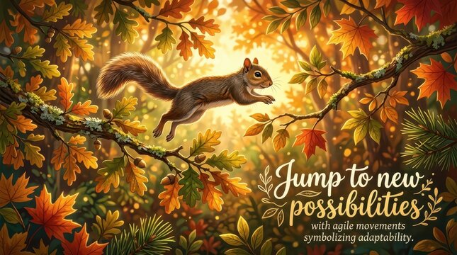 A squirrel jumps between branches in a sunlit autumn forest, embodying agility and new possibilities