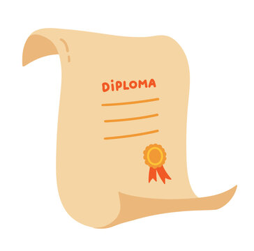 Graduation diploma with award seal and ribbon for academic achievement. Vector illustration isolated.