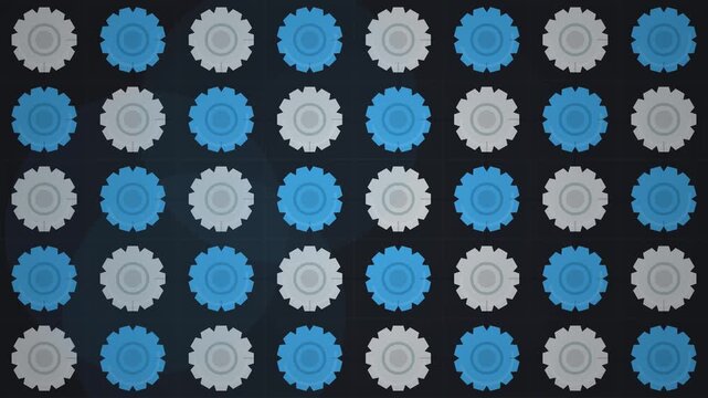 4K 60fps Infinite Loop Gear Wall Canvas Background Featuring Rotating Blue and Grey Cogs in 16:9