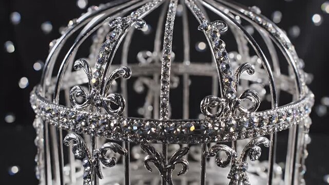 Intricately crafted silver birdcage chandelier with gemstone-like beads against a starry black background