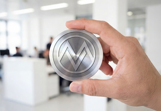 Cicular Silver Plate Logo Mockup in Man&rsquo;s Hand