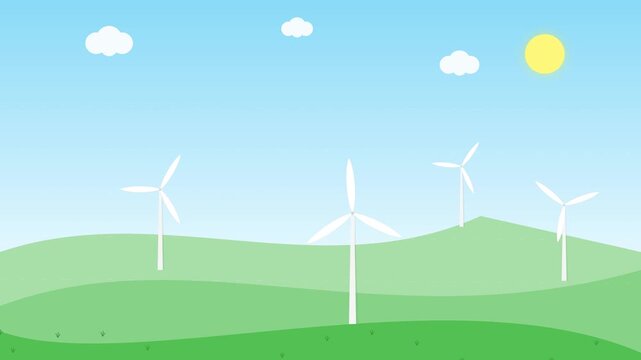 Modern Green Energy Landscape Animation Featuring Wind Turbines on Hills in 4K 60fps 16:9 Canvas