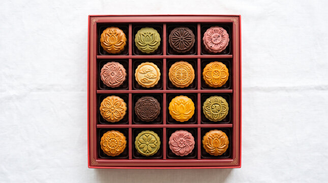 Array of colorful assorted mooncakes in a red gift box.