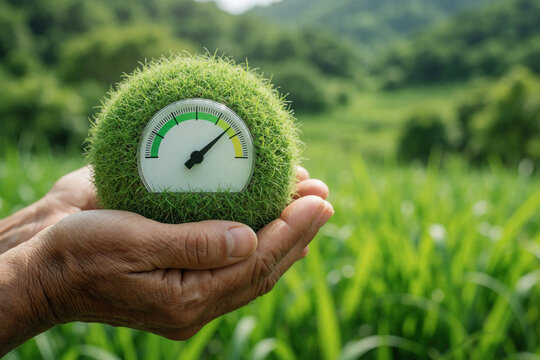 Human hands hold green moss sphere with air quality meter. Sensor measures pollution levels, air purity in nature. Concept of eco monitoring, climate protection against smog dust in outdoor forest