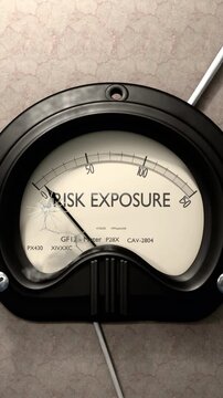 Risk exposure meter showing low levels of risk exposure. Minimum and decreasing risk exposure value, below the norm. Lack of risk exposure. None of it, insufficient.