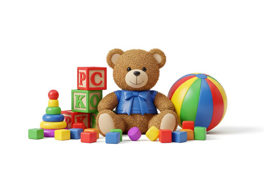 Cute teddy bear with colorful wooden educational toys on white background, playful childhood learning concept