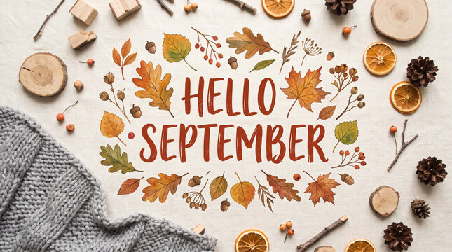 Artistic arrangement of autumn elements surrounding hello september text on wood.