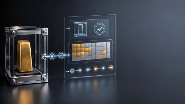 Gold bullion bar in secure glass display connected to digital verification dashboard for safe haven asset protection