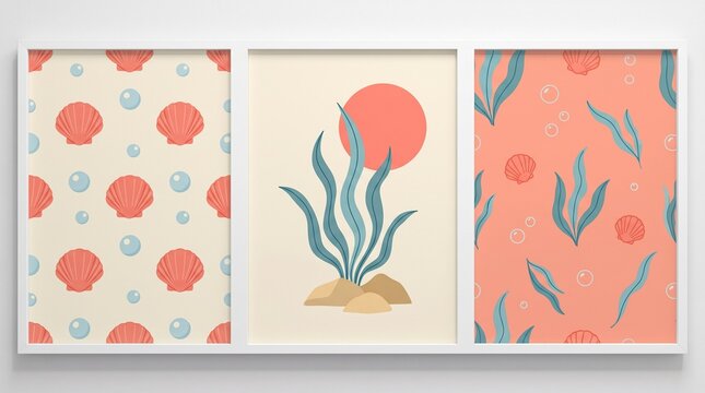 Boho coastal wall art set of 3 framed posters, minimalist ocean theme illustrations with seashells and seaweed, pastel coral and teal nautical gallery prints for modern home decor.