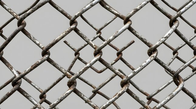Weathered chain link fence, rusty metal wire mesh texture, industrial steel security barrier background, aged metallic grid