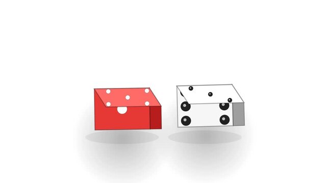 Red and white rolling dice animation on a clean white background, gambling game cubes rotating in a 3D minimalist style.