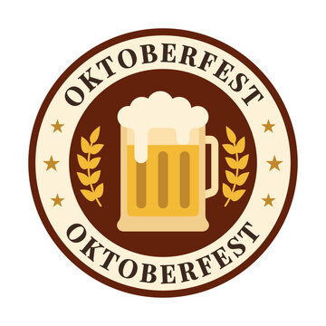 A circular Oktoberfest emblem featuring a beer mug and wheat stalks.