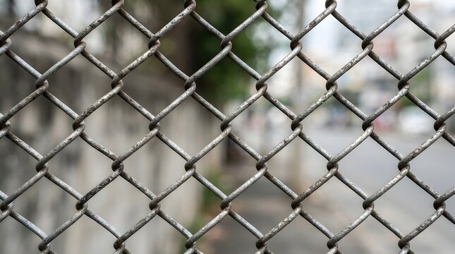 Industrial chain link fence close up, metallic wire mesh background, weathered steel security fencing for urban protection