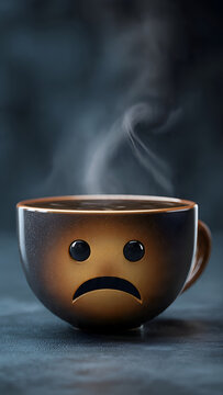 3D Hot Coffee Cup Sad Gloomy Emoji with Thin Steam on Dark Background  