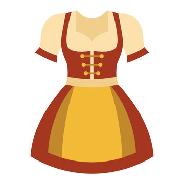 A traditional Bavarian dirndl dress featuring a red bodice and yellow apron for Oktoberfest celebrations.