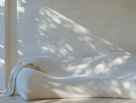 Sculptural white boucle sofa with botanical shadows in minimalist interior