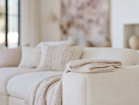 White sofa with chunky knit blankets in soft neutral living room