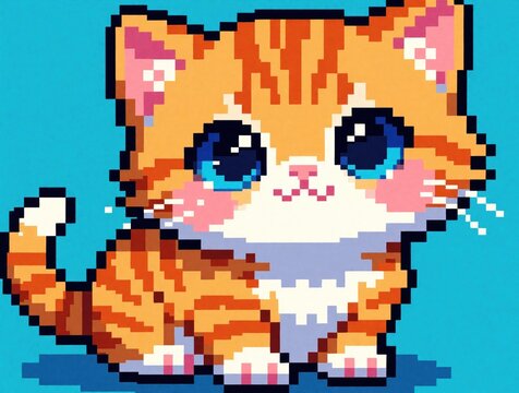 Cute pixel art ginger kitten with big blue eyes sits against bright blue background. Adorable tiny cat with orange stripes looks sweet, friendly. Digital illustration perfect for gaming animation